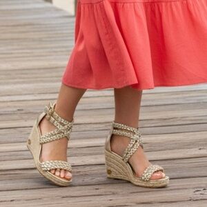 New in Box Tory Burch Women’s Bailey Metallic Leather Espadrille‎ Platform Wedge